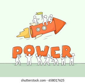 Sketch of working little people with big word Power. Doodle cute miniature scene of strong workers. Hand drawn cartoon vector illustration for business design.