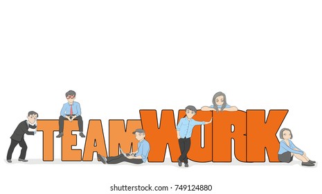Sketch of working little people with big word Teamwork. Doodle cute miniature scene of workers. Hand drawn cartoon vector illustration for business design and infographic.