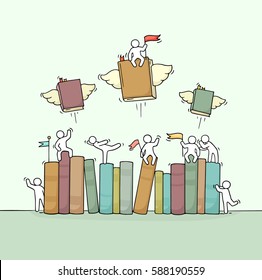 Sketch of working little people with book shelf. Doodle cute miniature scene of workers and flying books. Hand drawn cartoon vector illustration for education design.