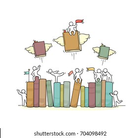 Sketch of working little people with book shelf. Doodle cute miniature scene of workers and flying books. Hand drawn cartoon vector illustration for education design.