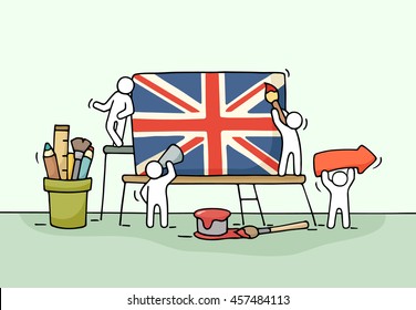 Sketch of working little people with british flag. Doodle cute miniature scene of workers with Union Jack. Hand drawn cartoon vector illustration for  design and infographic.