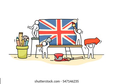 Sketch of working little people with british flag. Doodle cute miniature scene of workers with Union Jack. Hand drawn cartoon vector illustration for  design and infographic.