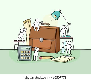 Sketch of working little people with case. Doodle cute miniature scene of workers with stationery. Hand drawn cartoon vector illustration for business design.