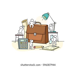 Sketch of working little people with case. Doodle cute miniature scene of workers with stationery. Hand drawn cartoon vector illustration for business design.