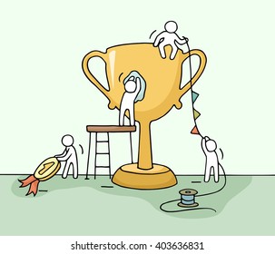 Sketch of working little people with cup, teamwork. Doodle cute miniature scene of workers preparing for the ceremony. Hand drawn cartoon vector illustration for business design and infographic.