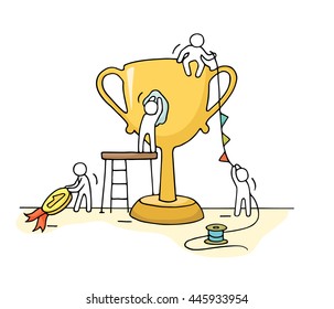 Sketch of working little people with cup, teamwork. Doodle cute miniature scene of workers preparing for the ceremony. Hand drawn cartoon vector illustration for business design and infographic.