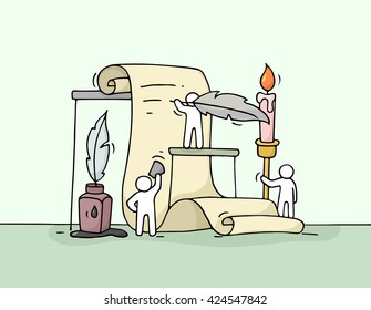 Sketch of working little people with document. Doodle cute miniature of teamwork. Hand drawn cartoon vector illustration for business and education design .