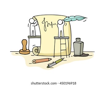 Esbozo de gente trabajadora con documento. Doodle linda miniatura de trabajo en equipo. Dibujo manual de ilustraciones vectoriales para diseño empresarial e infografía.