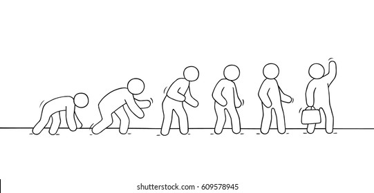 Sketch of working little people. Doodle cute miniature scene about evolution. Hand drawn cartoon vector illustration for business design.