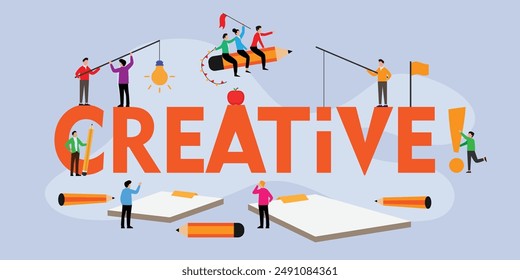 Sketch of working little people with fly paper plane, word Creative 2d vector illustration