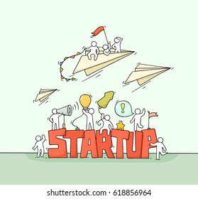 Sketch of working little people with fly paper plane, word Startup. Doodle cute miniature scene of workers. Hand drawn cartoon vector illustration for business design and infographic