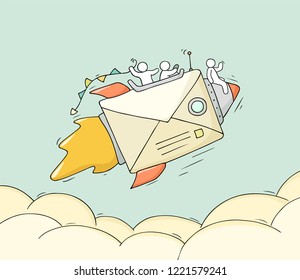 Sketch of working little people with flying envelope. Doodle cute miniature scene of workers. Hand drawn cartoon vector illustration for business design.