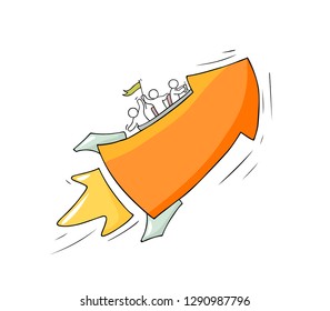 Sketch of working little people with flying arrow. Doodle cute miniature scene of workers. Hand drawn cartoon vector illustration for business design.