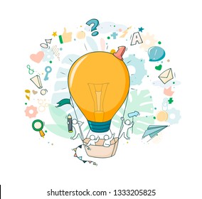 Sketch of working little people with flying lamp idea. Doodle cute miniature scene of creative workers. Hand drawn cartoon vector illustration for business design and infographic.