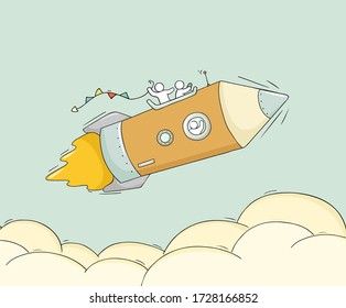 Sketch of working little people with flying pencil. Doodle cute miniature scene of workers. Hand drawn cartoon vector illustration for business and school design.