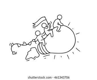 Sketch of working little people with flying lamp idea. Doodle cute miniature scene of creative workers. Hand drawn cartoon vector illustration for business design and infographic.