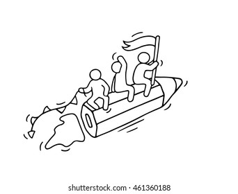 Sketch of working little people with flying pencil. Doodle cute miniature scene of workers. Hand drawn cartoon vector illustration for business and school design.