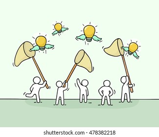 Sketch of working little people with flying lamp ideas. Doodle cute miniature scene of workers trying to catch light bulb. Hand drawn cartoon vector illustration for business design.