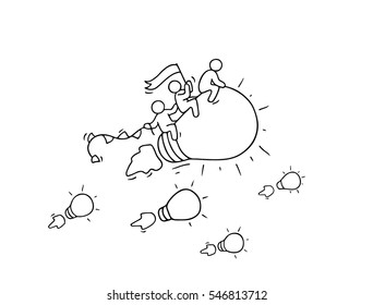 Sketch of working little people with flying lamp idea. Doodle cute miniature scene of creative workers. Hand drawn cartoon vector illustration for business design and infographic.