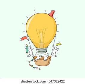 Sketch of working little people with flying lamp idea. Doodle cute miniature scene of creative workers. Hand drawn cartoon vector illustration for business design and infographic.