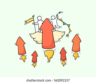 Sketch of working little people with flying arrows. Doodle cute miniature scene of workers. Hand drawn cartoon vector illustration for business design and infographic.