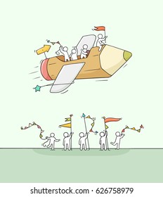 Sketch of working little people with flying pencil. Doodle cute miniature scene of creative workers. Hand drawn cartoon vector illustration for business design and infographic.