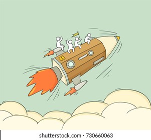 Sketch of working little people with flying pencil. Doodle cute miniature scene of workers. Hand drawn cartoon vector illustration for business and school design.