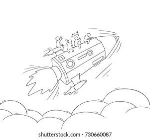 Sketch of working little people with flying pencil. Doodle cute miniature scene of workers. Hand drawn cartoon vector illustration for business and school design.