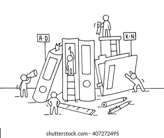 Sketch of working little people with folders, office supplies. Doodle cute miniature teamwork and workplace. Hand drawn cartoon vector illustration for business design and infographic.
