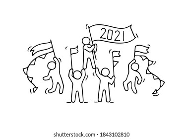 Sketch of working little people with garlands and flags. Doodle cute miniature scene of workers preparing for celebration. Hand drawn cartoon vector illustration.