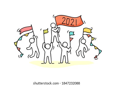 Sketch of working little people with garlands and flags. Doodle cute miniature scene of workers preparing for celebration. Hand drawn cartoon vector illustration.