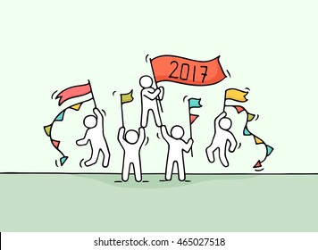 Sketch of working little people with garlands and flags. Doodle cute miniature scene of workers preparing for celebration. Hand drawn cartoon vector illustration.