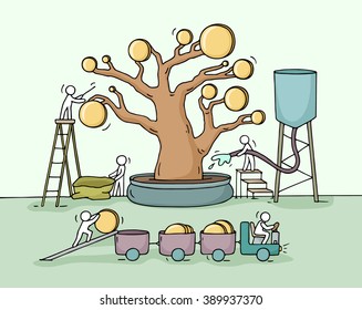 Sketch of working little people harvest a money tree with golden coins.Doodle cute miniature with workers collect money and preparing for the big profit. Hand drawn cartoon vector for business design.