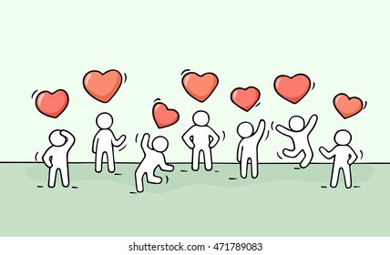 Sketch of working little people with heart signs. Doodle cute miniature scene of relationships. Hand drawn cartoon vector illustration for business and romantic design.