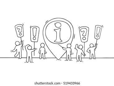 Sketch of working little people with info sign. Doodle cute miniature scene of workers trying to solve problem. Hand drawn cartoon vector illustration for business design.