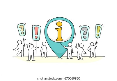 Sketch of working little people with info sign. Doodle cute miniature scene of workers trying to solve problem. Hand drawn cartoon vector illustration for business design.