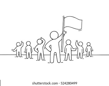 Sketch of working little people and leader with flag. Doodle cute concept about teamwork about leadership. Hand drawn cartoon vector illustration for business design