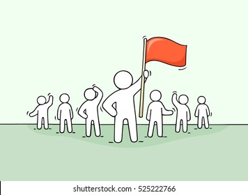 Sketch of working little people and leader with flag. Doodle cute concept about teamwork about leadership. Hand drawn cartoon vector illustration for business design.