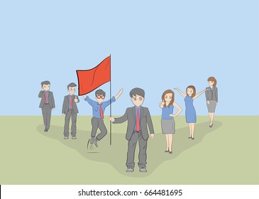 Sketch of working little people and leader with flag. Doodle cute concept about teamwork about leadership. Hand drawn cartoon vector illustration for business design. 