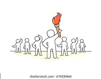 Sketch of working little people and leader with torch. Doodle cute concept about teamwork about power. Hand drawn cartoon vector illustration for business design.