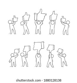 Sketch of working little people with like and dislike signs. Doodle cute miniature scene of workers. Hand drawn cartoon vector illustration for business and web design.