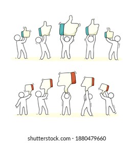 Sketch of working little people with like and dislike signs. Doodle cute miniature scene of workers. Hand drawn cartoon vector illustration for business and web design.