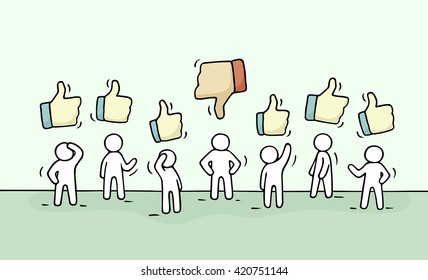 Sketch of working little people with like and dislike signs. Doodle cute miniature scene of workers. Hand drawn cartoon vector illustration for business and web design.