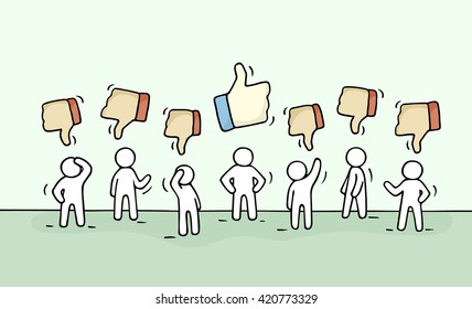 Sketch of working little people with like and dislike signs. Doodle cute miniature scene of workers. Hand drawn cartoon vector illustration for business and web design.