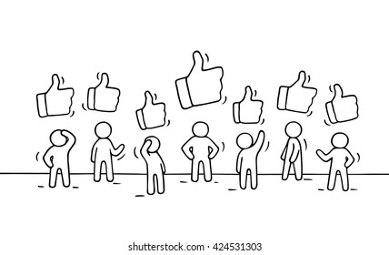 Sketch of working little people with like signs. Doodle cute miniature scene of workers. Hand drawn cartoon vector illustration for business and web design.