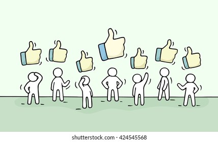 Sketch of working little people with like signs. Doodle cute miniature scene of workers. Hand drawn cartoon vector illustration for business and web design.