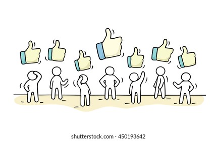 Sketch of working little people with like signs. Doodle cute miniature scene of workers. Hand drawn cartoon vector illustration for business and web design.