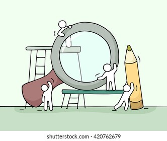 Sketch of working little people with loupe, pencil. Doodle cute miniature scene of workers. Hand drawn cartoon vector illustration for business design.