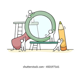 Sketch of working little people with loupe, pencil. Doodle cute miniature scene of workers. Hand drawn cartoon vector illustration for business design.