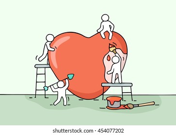 Sketch of working little people with love sign. Doodle cute miniature scene of workers about heart building. Hand drawn cartoon vector illustration.